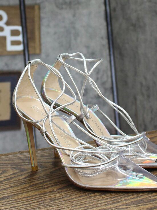 Stuart Weitzman Shoes - Stuart Weitzman Womens Stuart Lace-Up 100 Pump Stiletto Heels Silver Gray